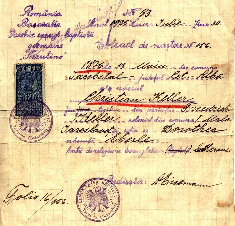 Extrato de nascimento de Christian Keller — pai de Oma Hulda —, nascido em 13 de maio de 1876 em Jacobstal (Cetatea Albă, Bessarábia), filho de Friedrich Keller e Dorothea, nascida Eberle. Emitido pela paróquia evangélica alemã de Tarutino em 1925.