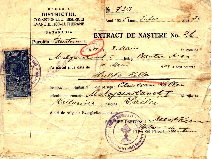 Extrato de nascimento de Hulda Keller (Oma Hulda), nascida em 8 de maio de 1901 em Malojaroslavet I (Cetatea Albă, Bessarábia), filha de Christian Keller e Katharina, nascida Sailer. Emitido pela paróquia evangélico-luterana de Tarutino em 1925.