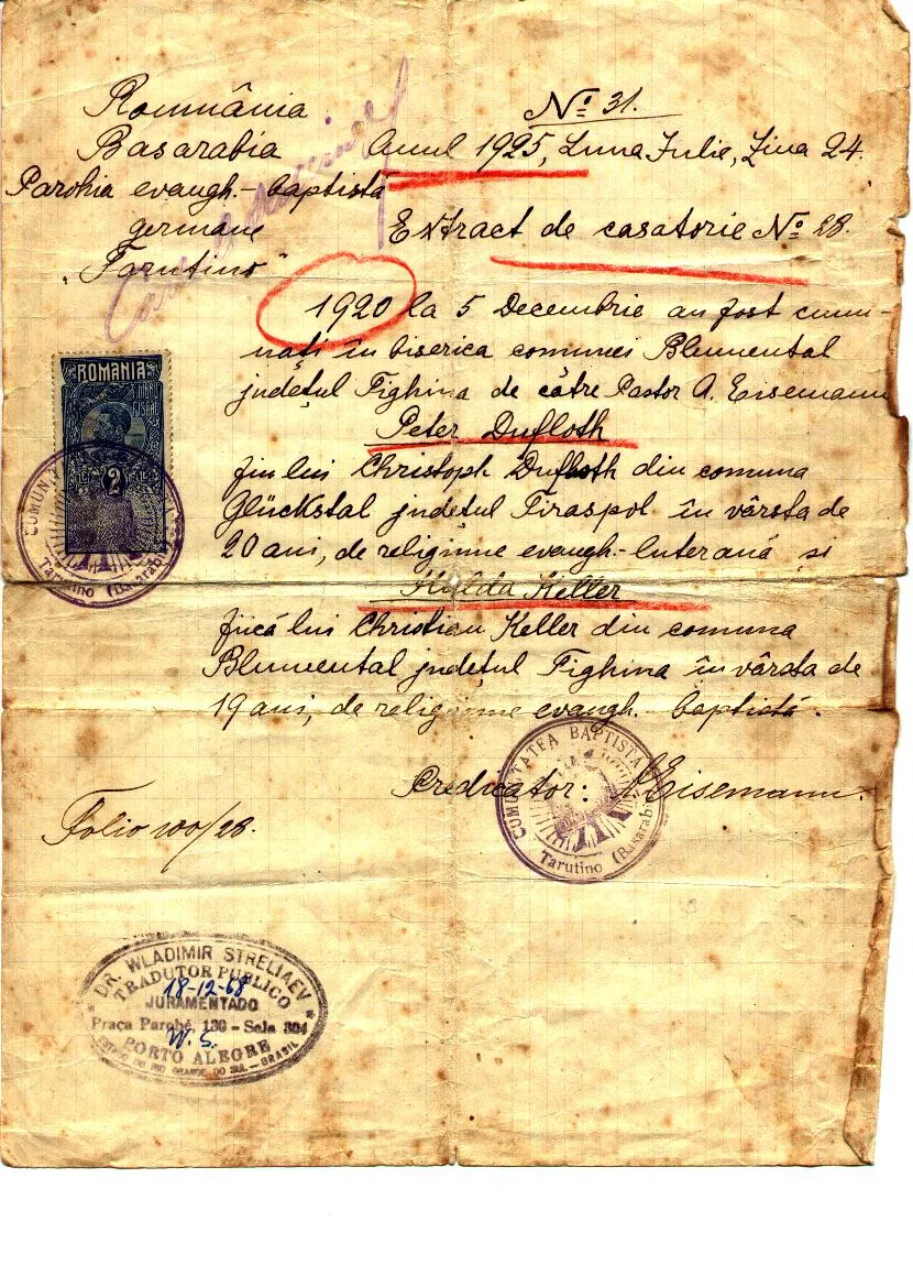 Extrato de casamento de Peter (Pedro) Dufloth e Hulda Keller, casados em 5 de dezembro de 1920 na igreja de Blumental (Județul Tighina), pelo pastor A. Eisemann. Ele, filho de Christoph Dufloth, de Glückstal; ela, filha de Christian Keller, de Blumental.