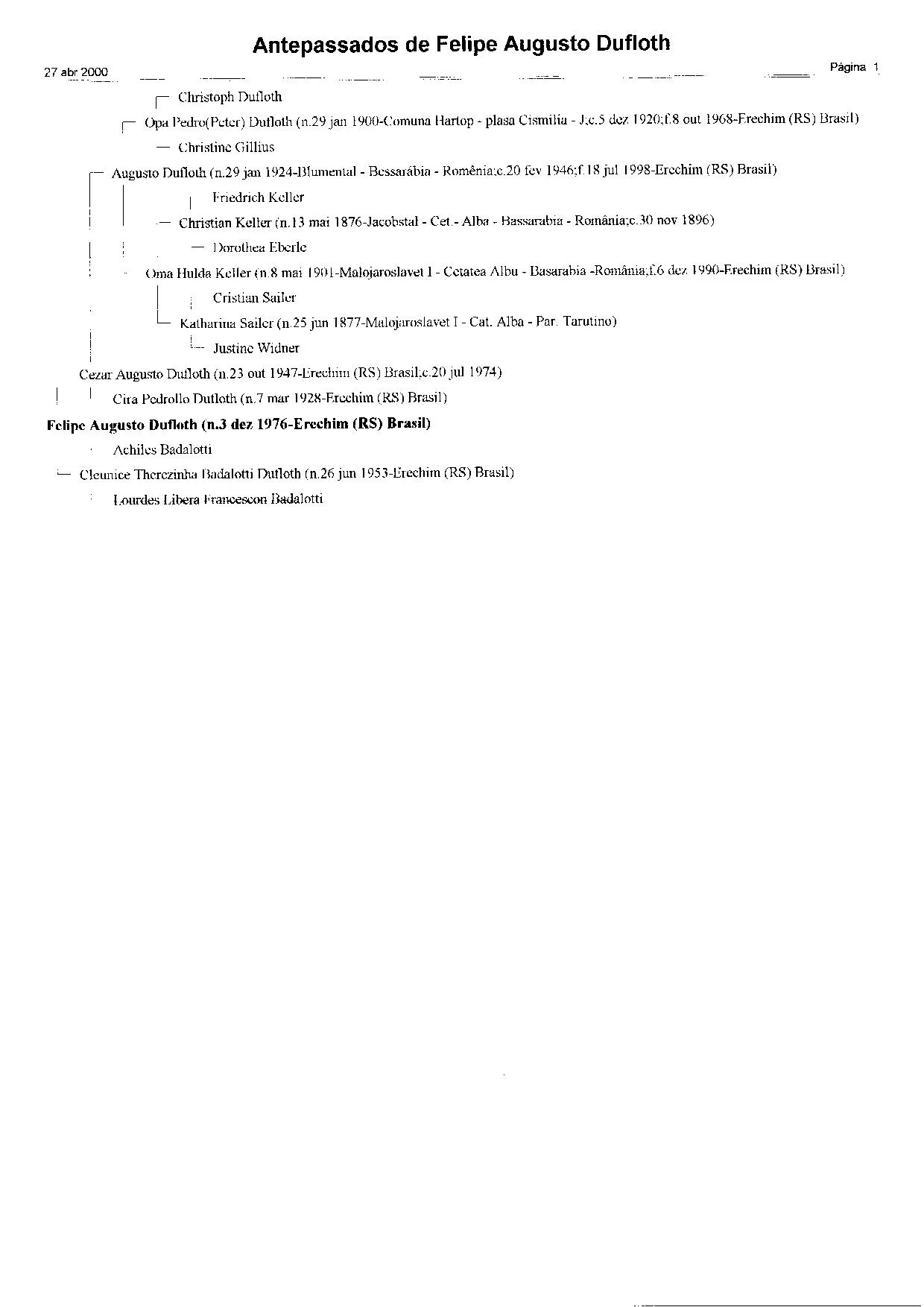 Quadro de ascendência de Felipe Augusto Dufloth, elaborado em abril de 2000, reunindo datas e locais de nascimento, casamento e falecimento de várias gerações — de Christoph Dufloth e dos Keller/Sailer na Bessarábia aos descendentes em Erechim (RS).