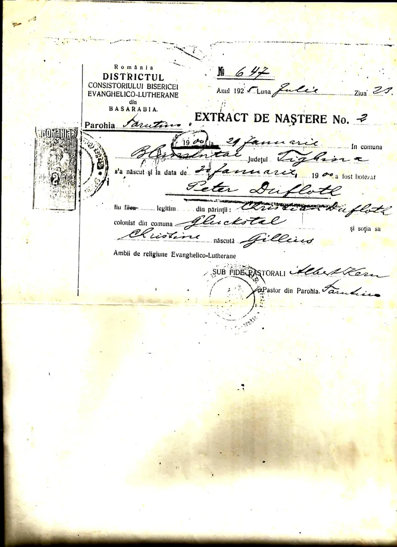 Extrato de nascimento de Pedro Dufloth, nascido em 20 de janeiro de 1900 em Hîrtop (Blumental), Cimislia.