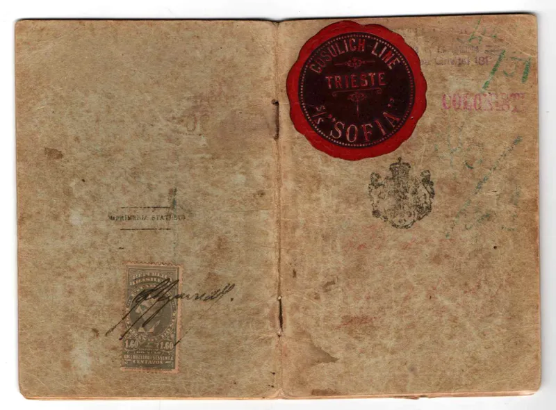 Passaporte de emigração nº 694 do Reino da Romênia, expedido em Bucareste em 2 de setembro de 1925 para Peter (Pedro) Dufloth e família (Hulda, Johannes e August). Traz o selo da Cosulich Line, do vapor "Sofia", que partiu de Trieste rumo a Santos.