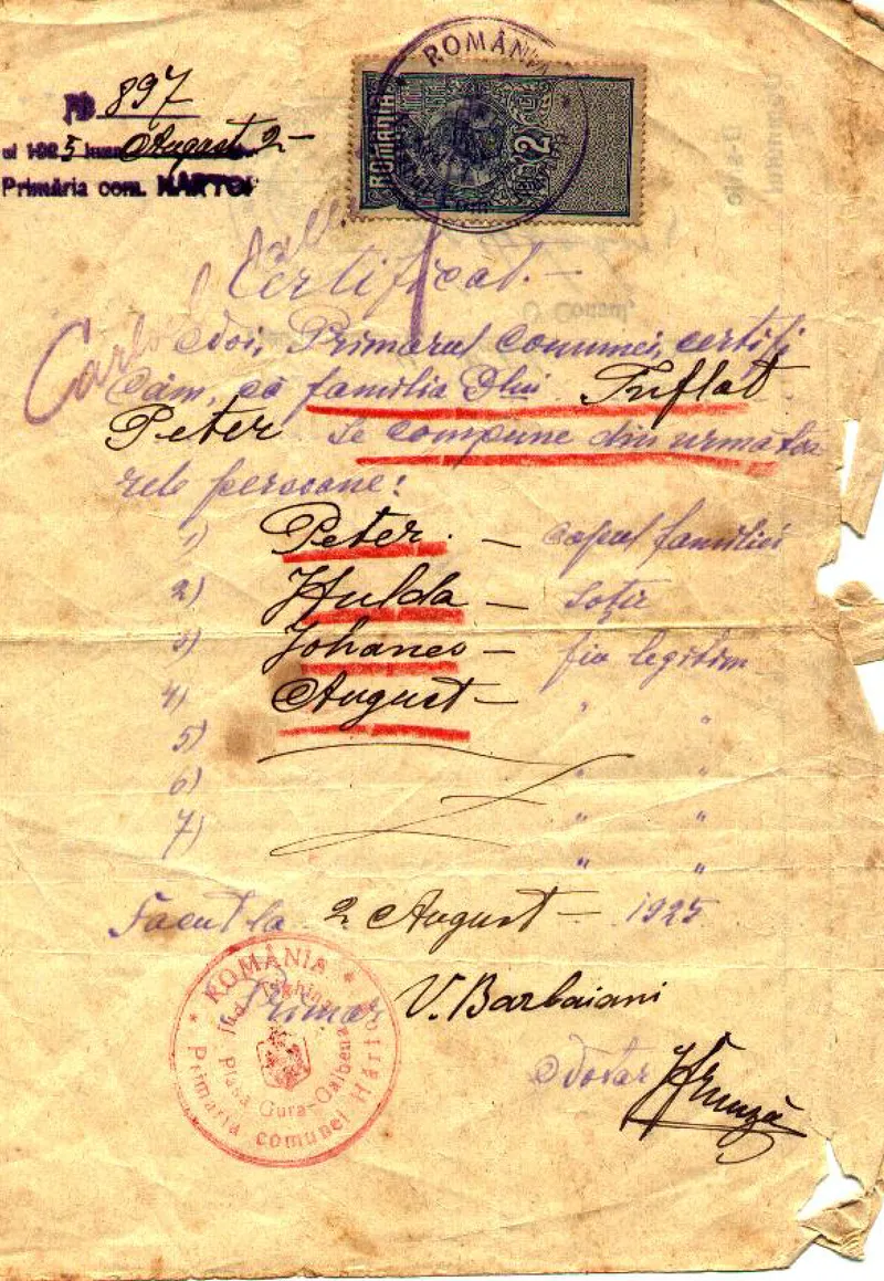 Documento de trânsito da família, emitido em Hârtop em 2 de agosto de 1925, listando seus integrantes — Peter (chefe), Hulda, Johannes e August — e trazendo o visto do Consulado dos Estados Unidos do Brasil em Viena, de 16 de outubro de 1925.