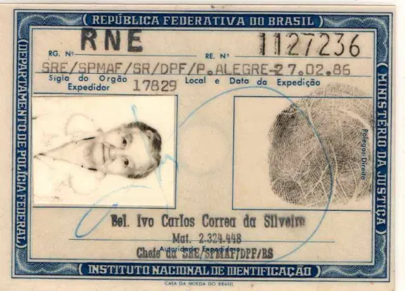 Carteira de identidade para estrangeiro permanente (RNE) de Hulda Dufloth, nascida Keller em 8 de maio de 1901 em Malojaroslavet I (Romênia), filha de Christian Keller e Katharina Sailer Keller. Expedida em Porto Alegre em 1986.