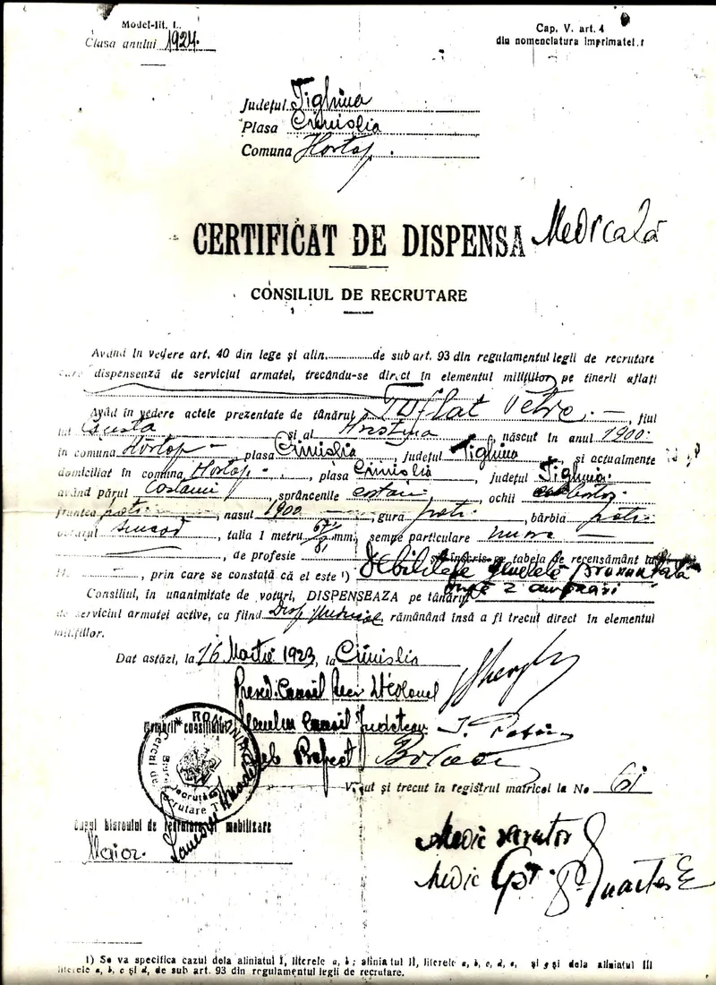 Certificado de dispensa do serviço militar, em que o sobrenome aparece grafado como se pronuncia em alemão: Tuflat.